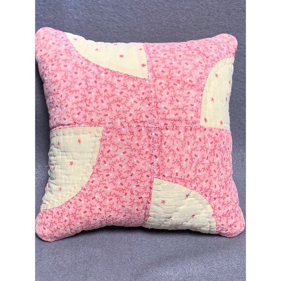 Vintage Handmade Pink & Cream Patchwork Pillow - 7" x 7" Quilted Throw Cushion - Picture 2 of 8
